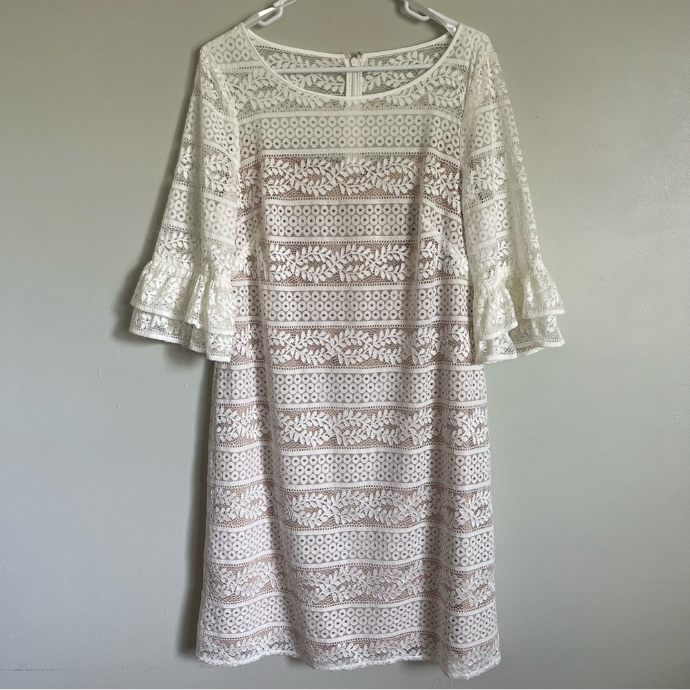 Jessica Howard Women's White Lace Overlay Lined Ruffle Sleeve Sheath Dress Sz 14